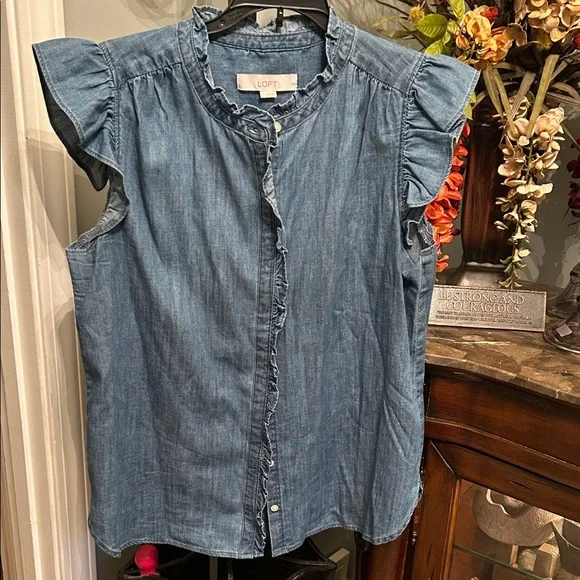 LOFT Chambray Ruffle Sleeve Blouse - Picture 1 of 3